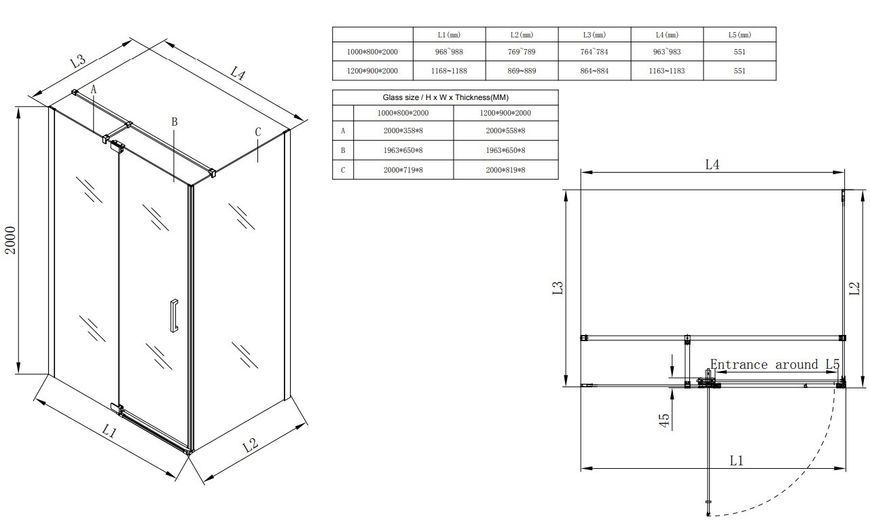 Душова кабіна без піддону Koer SR SC02-100x80x200-TR-01 прозоре скло Easy Clean 8мм, хром KR5355 фото