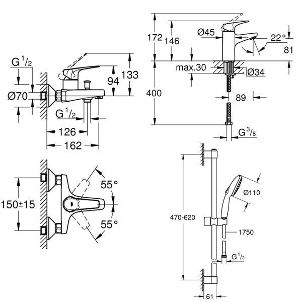 Набір змішувачів для ванни та раковини Grohe Bau Flow UA121624S1 3 в 1 UA121624S1  фото
