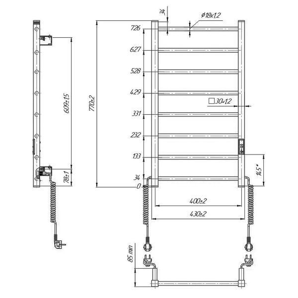 Рушникосушарка електрична HF Leeds 770x430 мм в комплекті з прихованим підключенням, білий матовий 6.1.0801.06.WM  фото