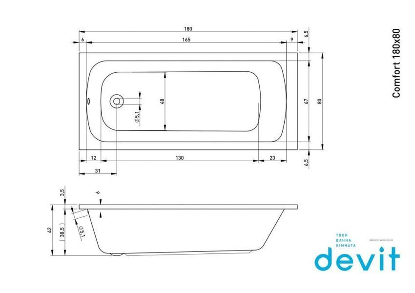 Ванна акриловая Devit COMFORT 180x80 см с переливом, белая глянцевая с опорами  18080123  фото