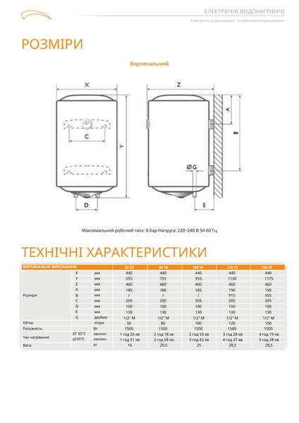 Водонагреватель "FERROLI CALYPSO 50 VE накопительный 50 л, мокрый тен 1,5 kW E001X8OA фото